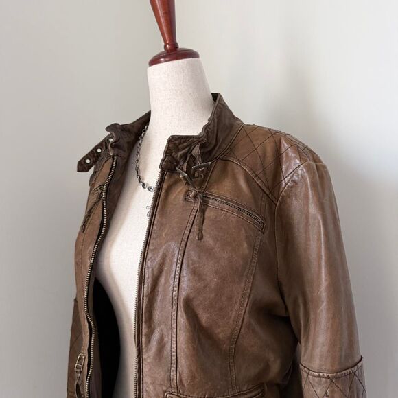 Vintage Brown Moto Leather Jacket Blanc Noir Size L - Picture 3 of 8